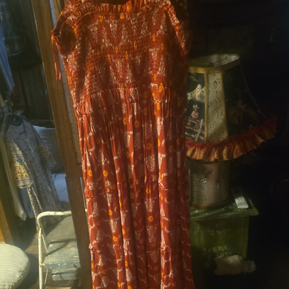 Bohemian Rust Floral Maxi Dress - Sleeveless Smocked Bodice